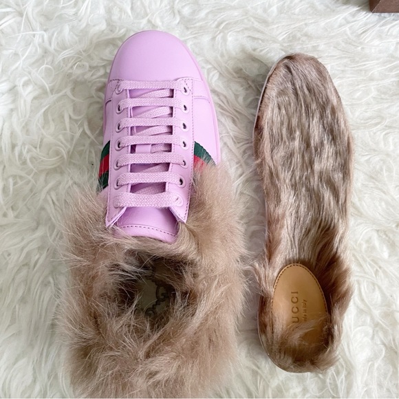 Gucci Ace Fur Lined Sneaker Pink Leather Web Bee NEW size 37 - Picture 8 of 15
